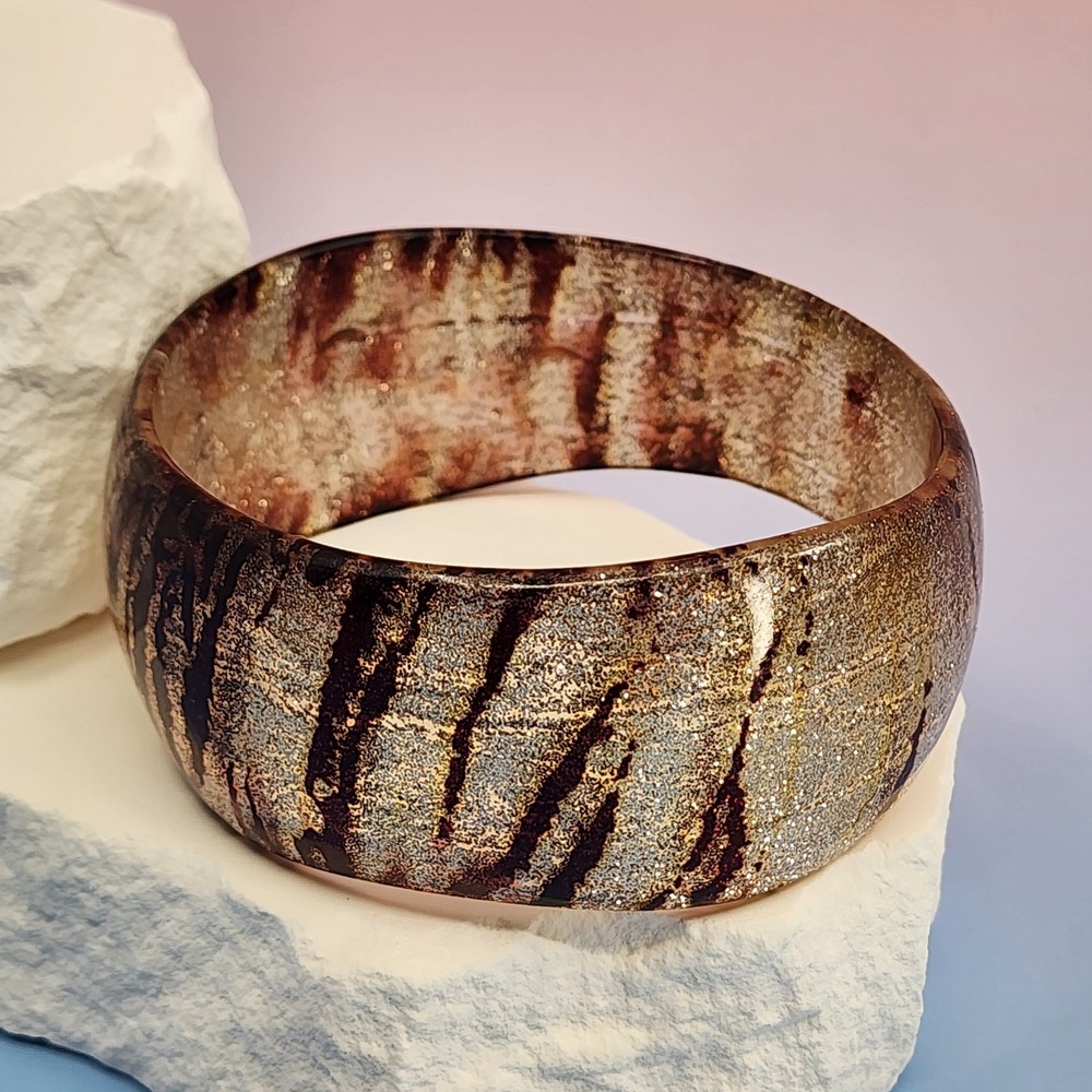 Wide Brown Gold Tone Glitter Resin Bangle Bracelet Abstract Zebra Stripe Boho